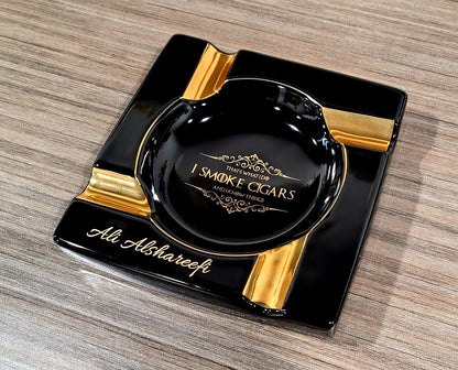 Personalized Gold & Brown Large Cigars Ceramic Ashtray for Patio / Outdoor Use 4 Cigar rests - SIKARX