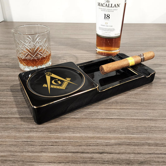 Personalized Ceramic Cigar Ashtray, Drink Coaster Whiskey Cup Glass rest Seduction Black with Elegant Gold Trims - SIKARX