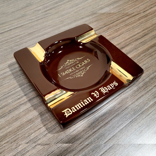 Personalized Brown Large 4 Cigars Ceramic Ashtray for Patio / Outdoor Use 4 Cigar rests - SIKARX